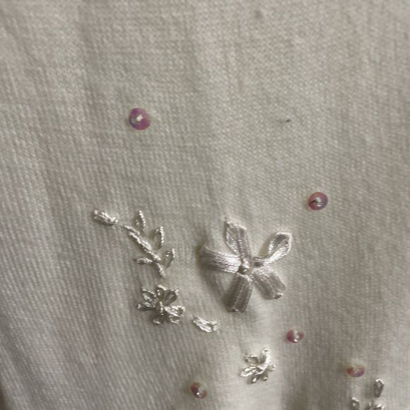 Teddi Knit Cardigan – Embroidered Floral Cream Sweater, Size Large, Soft Cottage - Picture 7 of 15
